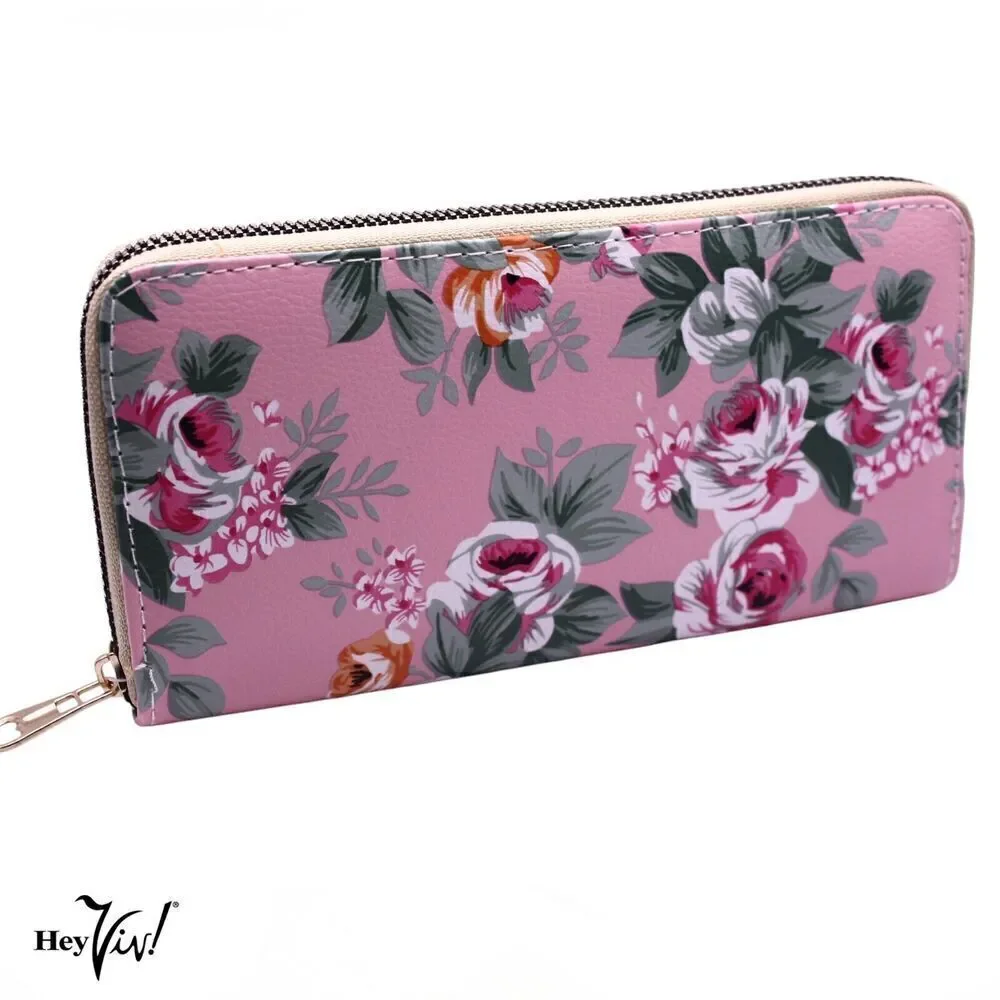 Pink Rose Floral Print Zip Wallet Clutch Easy to Hold and Carry 8 x4